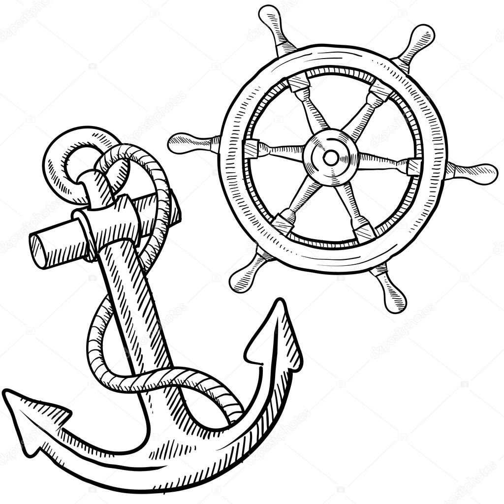 Anchor and ship's wheel sketch