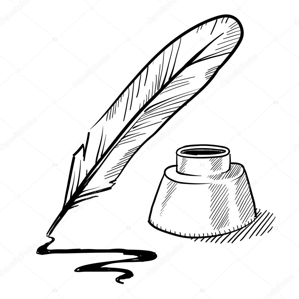 Quill pen in inkpot. Vector sketch Stock Vector by ©Marinka 122955546