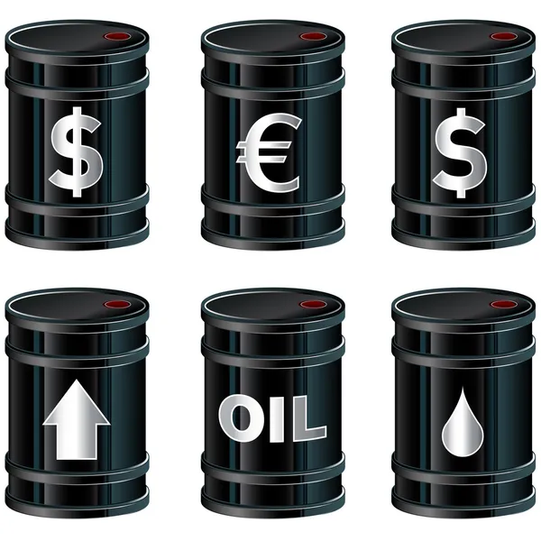 Barriles de petróleo negro con iconos — Vector de stock