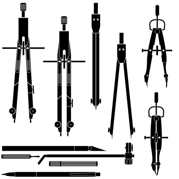 Detailed drafting tools vector silhouettes — Stock Vector