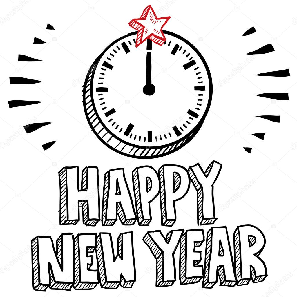 Happy New Year midnight clock sketch
