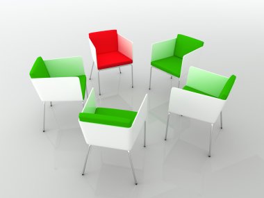 sandalyeler 3d rendering. bireysellik, çeşitlilik, ofis kavramı.