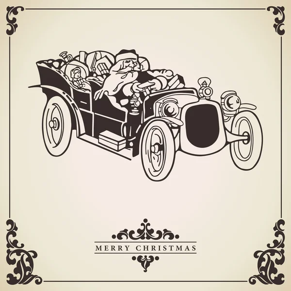 Papá Noel conduciendo un coche. Tarjeta de Navidad . — Archivo Imágenes Vectoriales