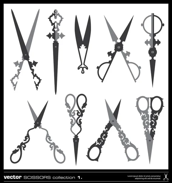 Old decorated scissors vector silhouettes — Stock Vector