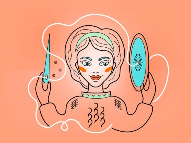 Akrep burcu, burç burcu, pembe arka planda çember, iğne ve iplik nakışları olan kız. El işi çizimi, ana sınıf logosu, adım adım talimatlar..