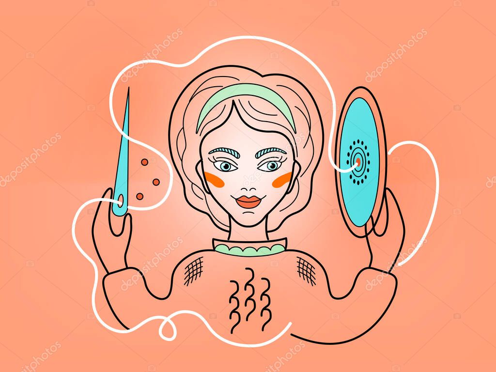 Constellation Scorpio, sign of zodiac, girl with hoop, needles and thread embroiders on pink background. Handicraft illustration, master class logo, step by step instructions.