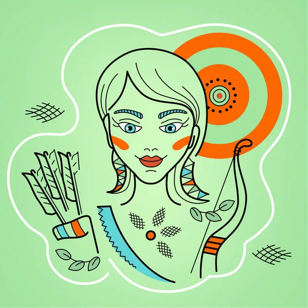 Sign of the zodiac - woman of the constellation Sagittarius, strong girl with arrows, target, goes to the goal in archery competition, illustration, logo, tattoo