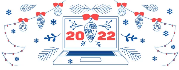 Ноутбук Ноутбук Поздравлениями Рождеством 2022 Новым Годом Электронная Открытка Веб — стоковый вектор