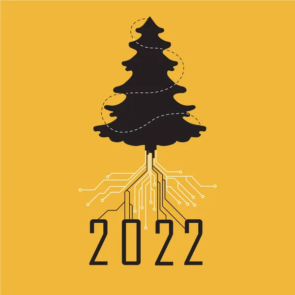 Digital New Year 2022 Christmas Tree Roots Computer Board Yellow — Stock Vector