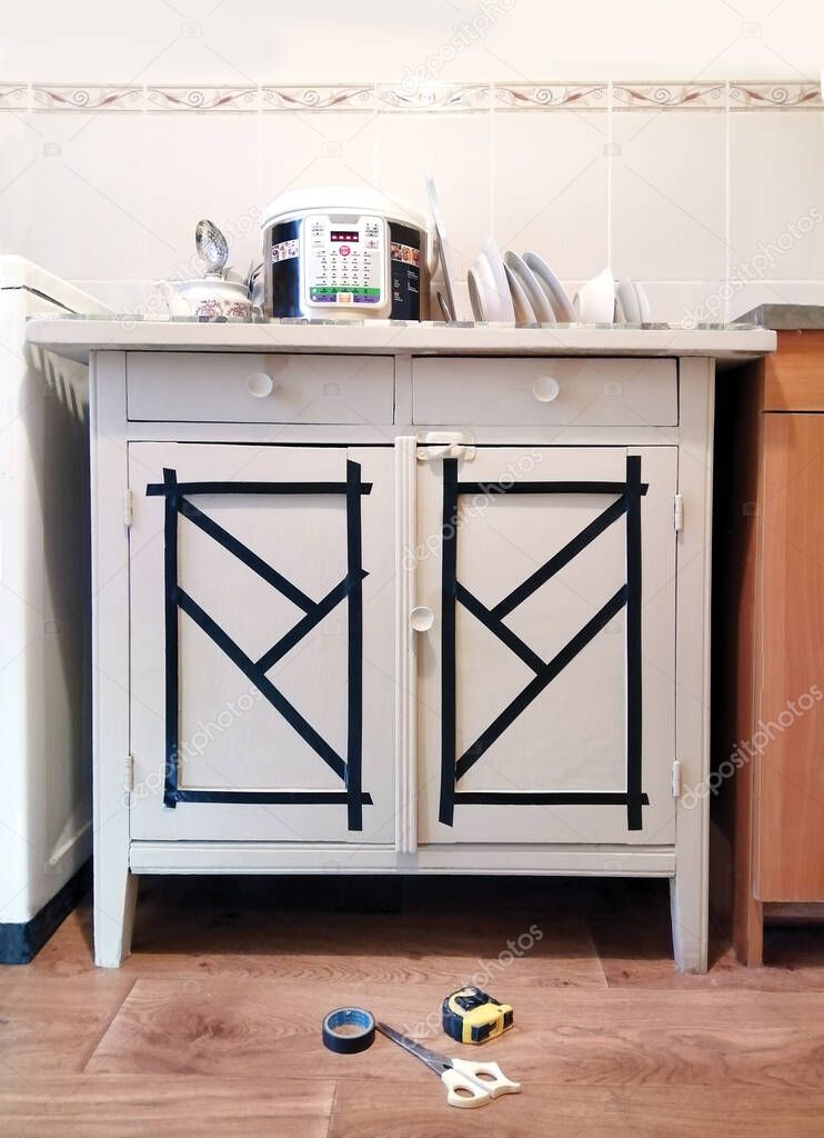 Restoration of wooden sideboard, Provence style tables. Repainting with swab, sponge, paint stencil technique. Home decor, interior, furniture. DIY step-by-step master class, needlework guide set