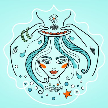 Kadın Kova takımyıldızı tasviri, Zodyak 'ın taşıyıcı işareti. Kız ottan duş alıyor, uzun saçlarını yıkıyor. Şampuan logosu, dövme, kozmetik ürünler için su amblemi.