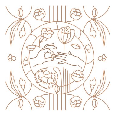 Çiçekli düğün illüstrasyonu, davetiye, kartpostal, hatıra logosu, web sitesi, sayfa için altın nişan yüzüğü. Sanat deco tarzında çizgi çizimi süsü.