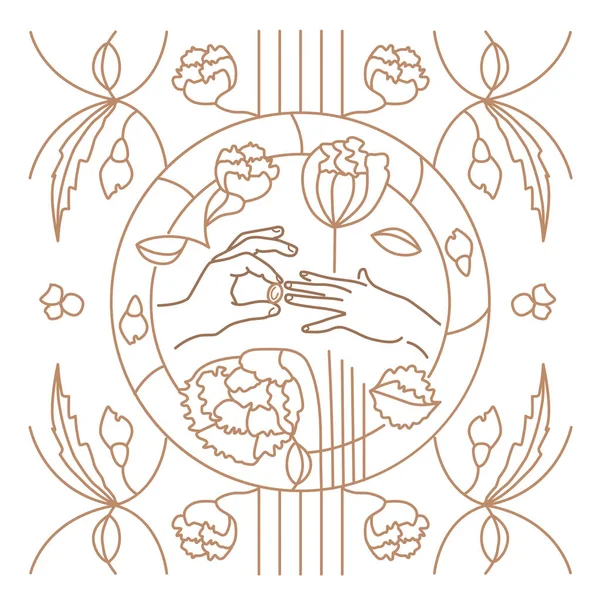 Çiçekli düğün illüstrasyonu, davetiye, kartpostal, hatıra logosu, web sitesi, sayfa için altın nişan yüzüğü. Sanat deco tarzında çizgi çizimi süsü.