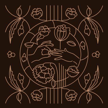 Çiçekli vektör düğün illüstrasyonu, davetiye, kartpostal, hatıra logosu, web sitesi, sayfa için el ve altın nişan yüzüğü. Sanat deco tarzında çizgi çizimi süsü.