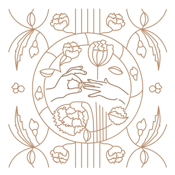 Çiçekli vektör düğün illüstrasyonu, davetiye, kartpostal, hatıra logosu, web sitesi, sayfa için el ve altın nişan yüzüğü. Sanat deco tarzında çizgi çizimi süsü.