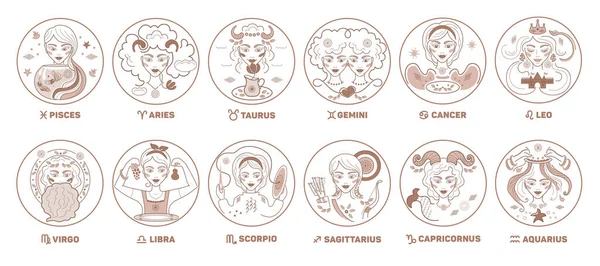 Ensemble Vectoriel Signes Zodiaques Femmes Entretien Ménager Constellations Couleur Dorée — Image vectorielle