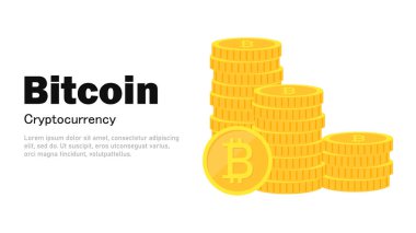 Bitcoin. BTC 'de. Madencilik kripto para birimi. Dijital para temalı pankart. Vektör illüstrasyonu