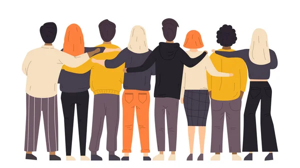 Arkadaşlardan sevgiler. Erkeklerin ve kızların arkadaşlığı. Birlik ve iyi ilişkiler. Aile, takım, işbirliği ya da ortaklık. Erkekler ve kadınlar düz bir stilde. Vektör illüstrasyonu