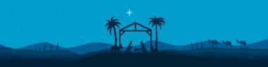 İsa Mesih 'in doğumu. Noel tatili. Doğum sahnesi. Kutsal gece. Bebek İsa 'nın ahırdaki silueti, Meryem, Yusuf, çobanlar ve büyücüler. Noel vektör illüstrasyonu.