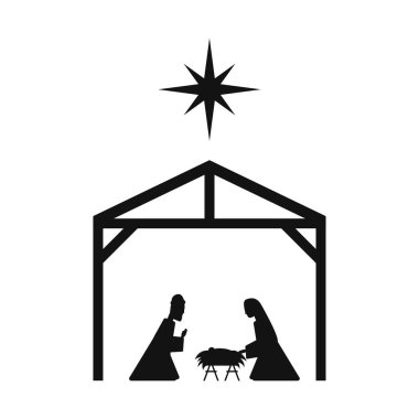 Mağara sahnesi. Yemlikteki bebek İsa 'nın silueti, Bakire Meryem, Yusuf ve Noel yıldızı. İsa Mesih 'in doğumu. Noel ziyafeti. Kutsal gece. Vektör illüstrasyonu.