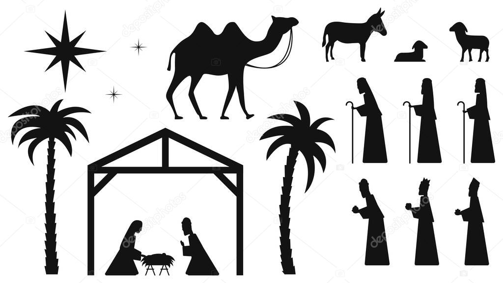 Set of silhouettes of the den. Baby Jesus in a manger, Mary, Joseph, shepherds, wise men, etc. The birth of Jesus Christ. Feast of Christmas. Holy night. Christmas vector illustration.