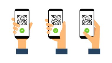 Aşı pasaportlu akıllı telefonları tutan eller. Yeşil dokunulmazlık belgesi. Sağlık pasaportu dijital ekranda QR kodlu. Düz stil. Vektör illüstrasyonu