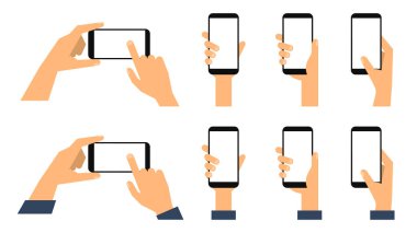 Akıllı telefon elindeydi. Beyaz ekranlı akıllı telefonu tutan eller. Düz stil. Vektör illüstrasyonu