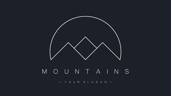 Dağların logosu koyu mavi arkaplanda izole edilmiş. Seyahat ve dağ sporları konsepti. Modern doğrusal stil. Vektör illüstrasyonu