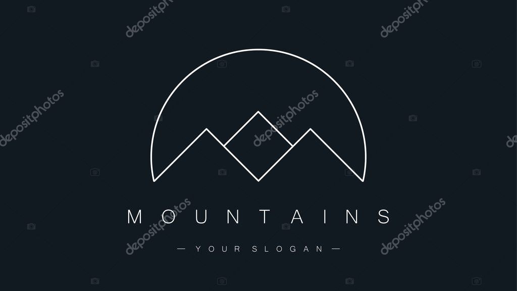 Mountains logo isolated on dark blue background. Travel and mountain sports concept. Modern linear style. Vector illustration