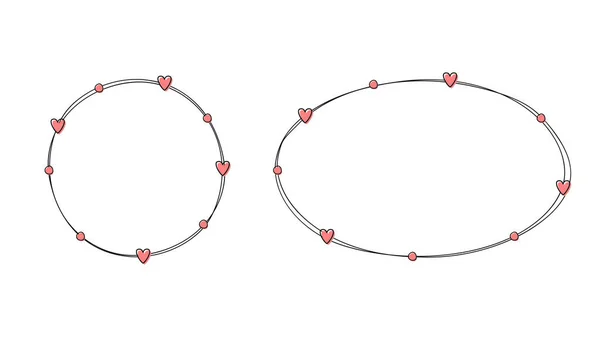 Romantische Rahmen Mit Handgezeichneten Herzen Runde Und Ovale Rahmen Valentinstag — Stockvektor