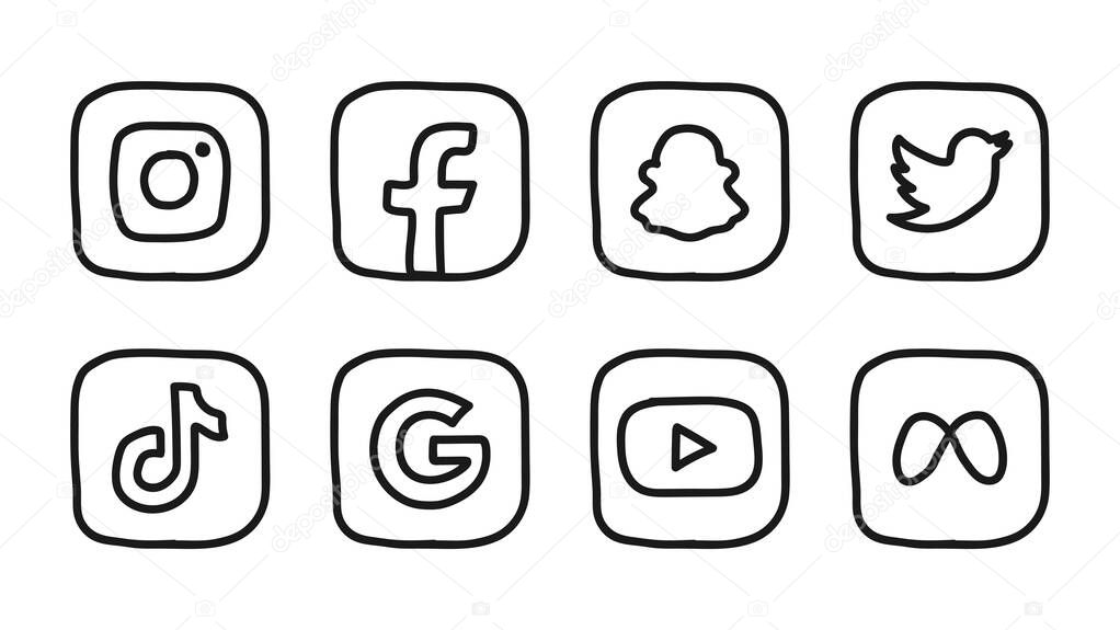 VINNITSA, UKRAINE - JANUARY 18, 2022: Instagram, Facebook, Snapchat, Twitter, Tik tok, Google, YouTube, Meta. Set of hand-drawn popular social media icons. Doodle style