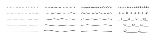 Kalem ve dalgalı yatay çizgiler için sanatsal fırçalar. Beyaz arka planda izole edilmiş el yapımı işaretler. Doodle tarzı. Vektör illüstrasyonu