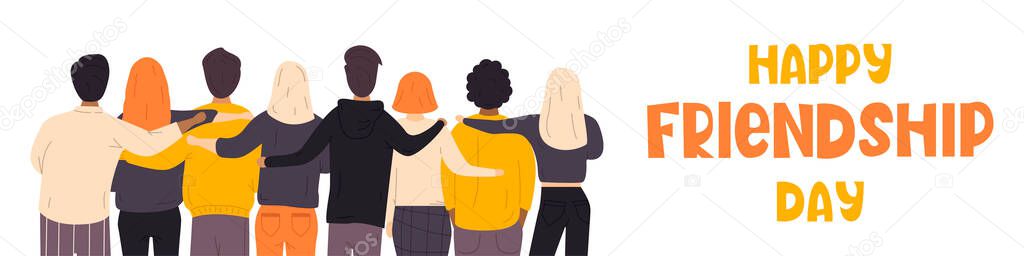 Friendship Day. A group of people are hugging. The concept of friendship, unity and love. Vector illustration