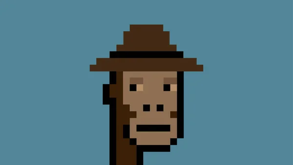 NFT fotoğrafı. Fötr şapkalı maymun. Kriptopunk 6965. Piksel tarzı. Vektör illüstrasyonu