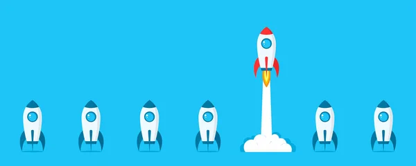 Roket gibi. Başla. Roket fırlatıldı. Bir iş projesinin başlatılması ve geliştirilmesi. Yenilikçi ürün, yaratıcı fikir. Düz stil. Vektör illüstrasyonu