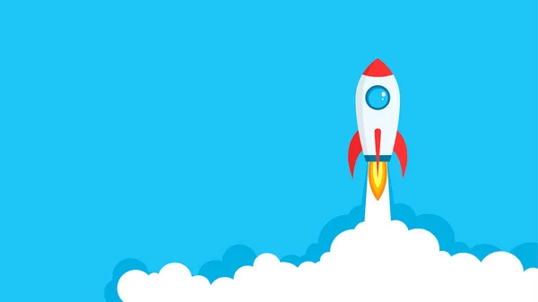 Roket gibi. Başla. Roket fırlatıldı. Bir iş projesinin başlatılması ve geliştirilmesi. Yenilikçi ürün, yaratıcı fikir. Düz stil. Vektör illüstrasyonu