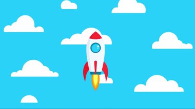 Roket bulutlu mavi bir arka planda uçar. Uzay gemisi animasyonu. Ateşli roket. Düz stil. Yeşil ekran. 4K