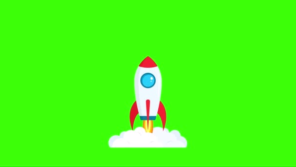 Animación de cohetes. Nave espacial. Arranca. Cohete con llama de fuego. Lanzamiento y desarrollo de un proyecto empresarial. Estilo plano. Pantalla verde. 4K — Vídeo de stock
