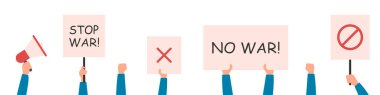 Savaş yok. Ukrayna 'daki savaşı protesto etmek. Posterleri olan insanlar. Rusya ve Ukrayna arasındaki çatışma. Vektör illüstrasyonu