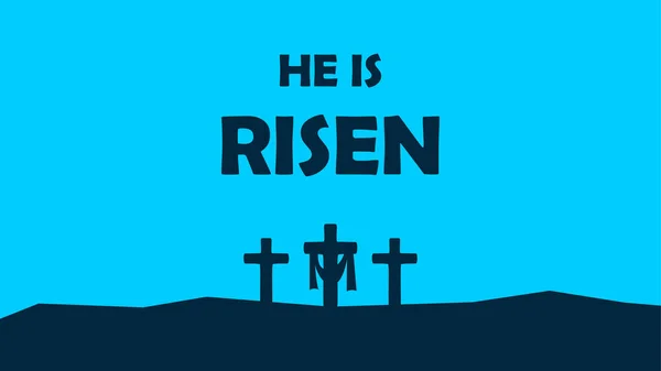 O yükseldi. Paskalya. İsa 'nın dirilişi. İsa 'nın çarmıha gerildiği yer. Hristiyan haçı silueti. Vektör illüstrasyonu