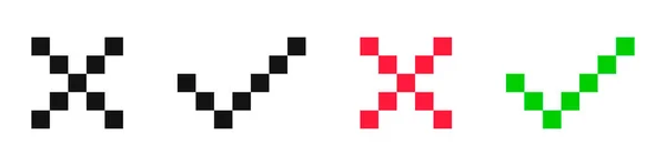 Marca de verificación de píxeles y cruz. Sí y sin botones. 8-bit Estilo de videojuego. Ilustración vectorial — Vector de stock