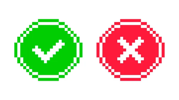 Pixel check mark and cross. Yes and no buttons. 8-bit Video game style. Vector illustration — ストックベクタ