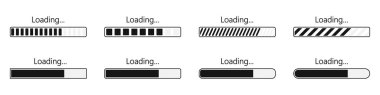 Yükleniyor. İndirin. İlerleme konsepti. Yükleyici simgeleri ayarlandı. Vektör illüstrasyonu