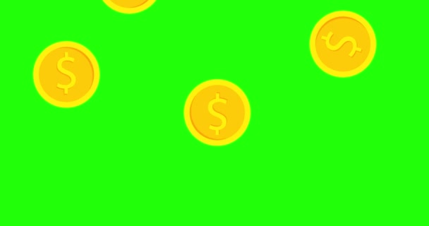 A cair moedas de ouro. Animação financeira. Grande renda e ganhos. Negócios. Tela verde. 4K — Vídeo de Stock