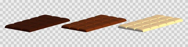 Conjunto 3D de barras de chocolate. Chocolate escuro, de leite e branco isolado sobre fundo branco. Ilustração — Vetor de Stock