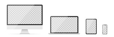 Gerçekçi cihazların bir kopyası. Bilgisayar, dizüstü bilgisayar, tablet ve akıllı telefon ekranı. Şeffaf ekran. Vektör illüstrasyonu