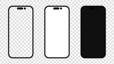 iPhone 14 Pro 'nun maketi, iPhone 14 Pro Max. Boş ekranlı akıllı telefonlar. Vektör çizimi. VINNYTSIA, UKRAINE - 15 Eylül 2022