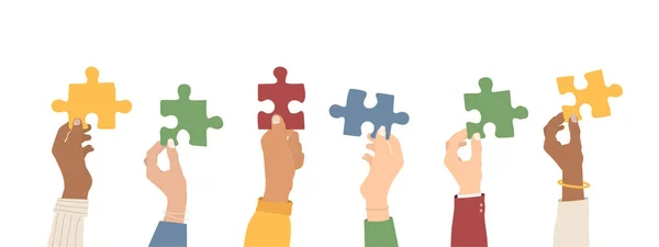Takım çalışması. Çoklu etnik gruplar bulmaca çözüyor. İşbirliği ve ortaklık kavramı. Düz stil. Vektör illüstrasyonu