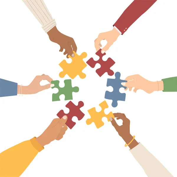 Takım çalışması. Çoklu etnik gruplar bulmaca çözüyor. İşbirliği ve ortaklık kavramı. Düz stil. Vektör illüstrasyonu