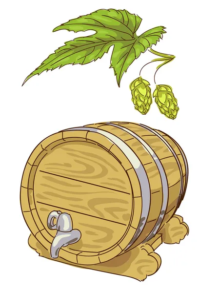 Old wooden barrel and hop branch. — Stock Vector